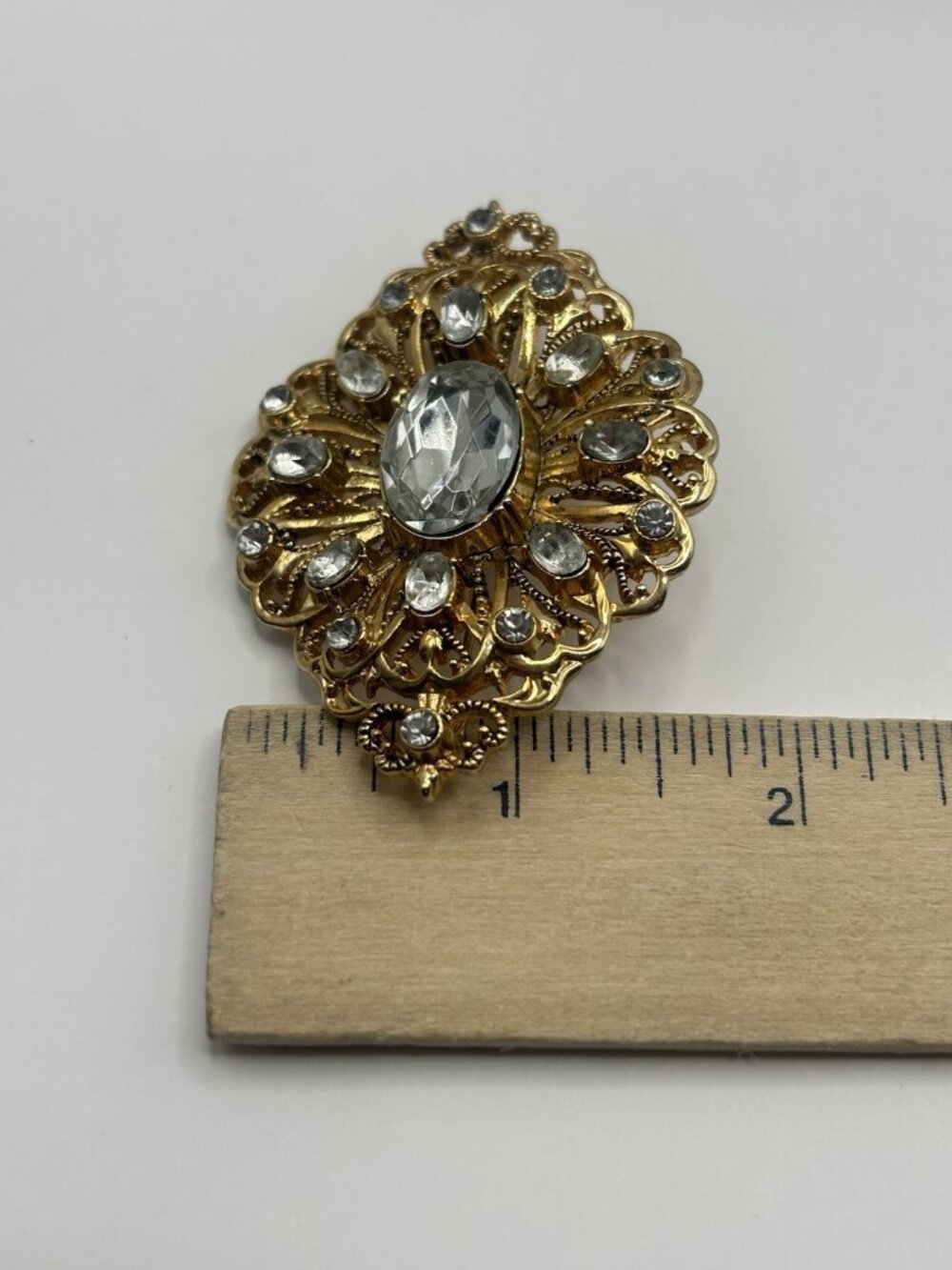 Victorian Brooch Gold Tone Pin Diamond Shape Rhinestone Vintage Chunky Art Deco - Picture 8 of 10